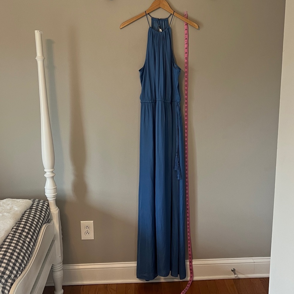 New! Ann Taylor LOFT Tasseled Halter Maxi Dress Blue Size Large NWT - Picture 9 of 16